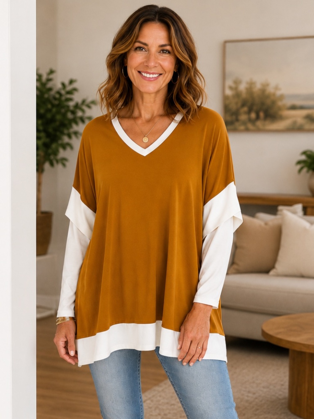 Antthony Original Colorblock V-Neck Tunic Top | Camel & Ivory | Size L | NWOT